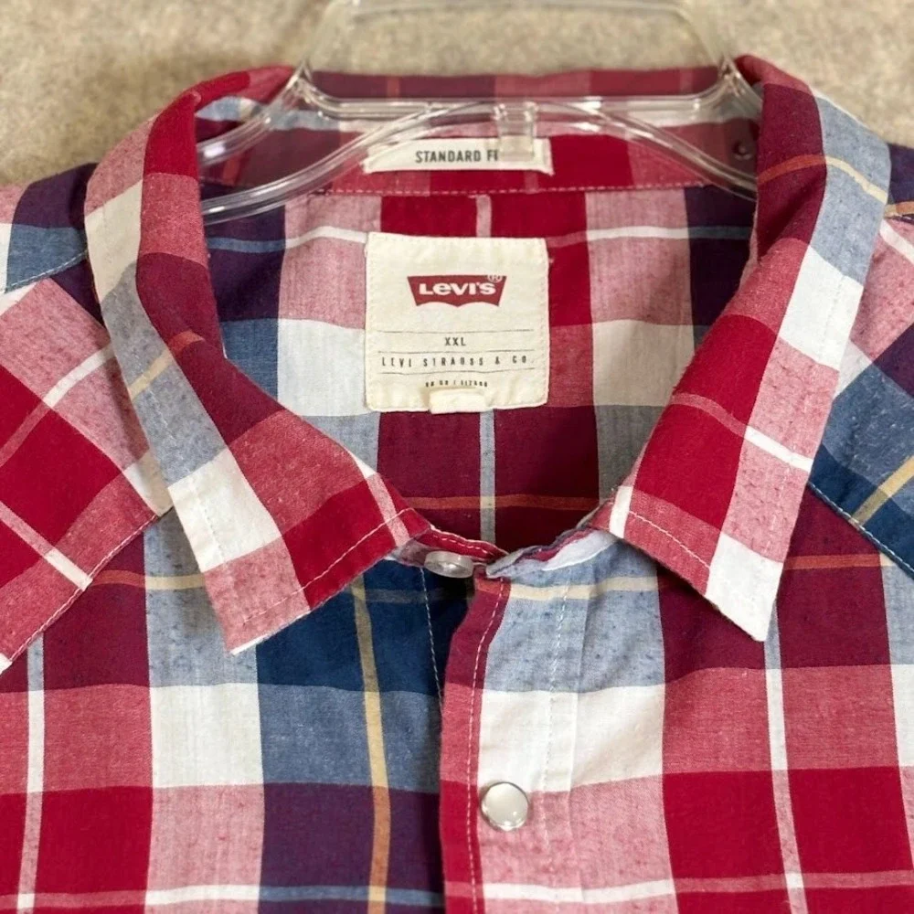 Levi's Western Shirt XXL Red Blue Plaid‎ Cotton Blend Snap Front Classic Cowboy